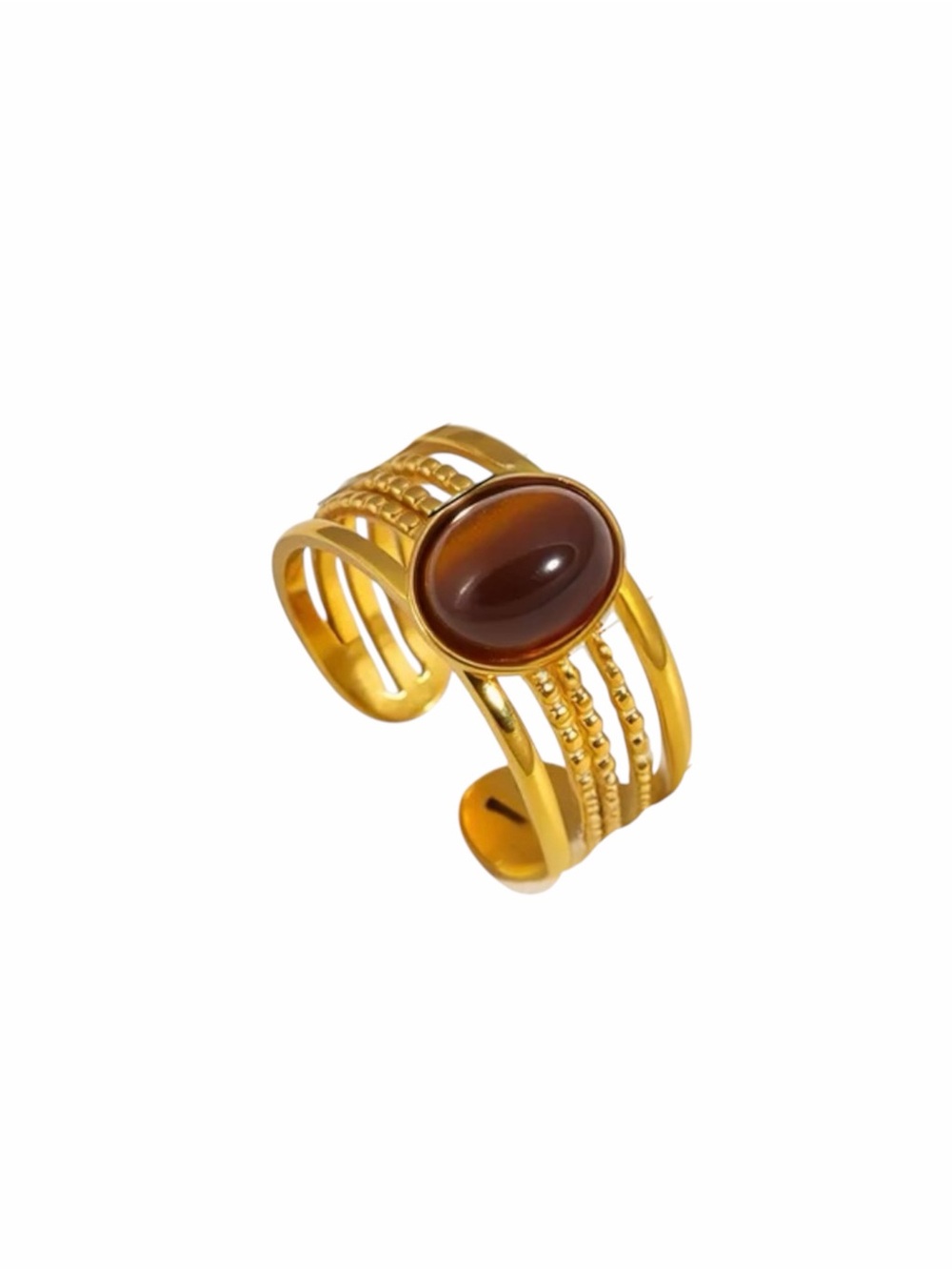 Tiger Eye Brown Cabochon Adjustable Ring NWT 18KT Gold Plated